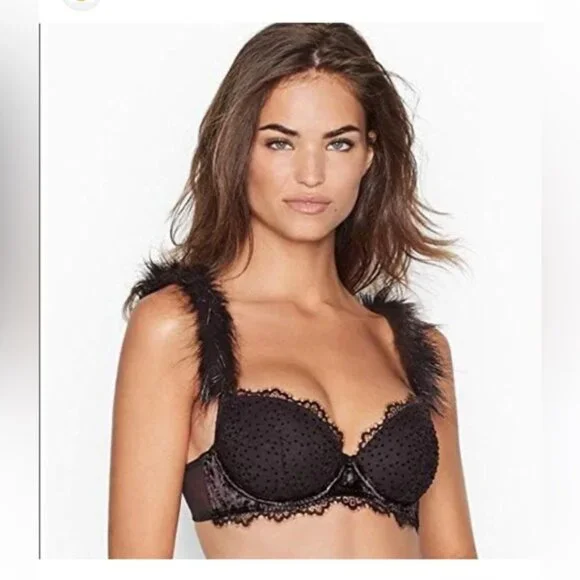 Victorias Secrets Black Dream Angel Black Faux Fur Bra Demi Bra​ - Picture 4 of 4